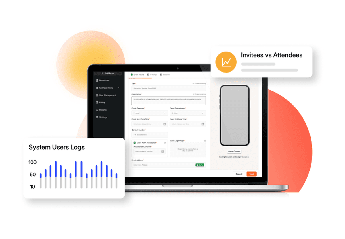 Real-time Reporting – dashboard with system user logs and invitees vs attendees